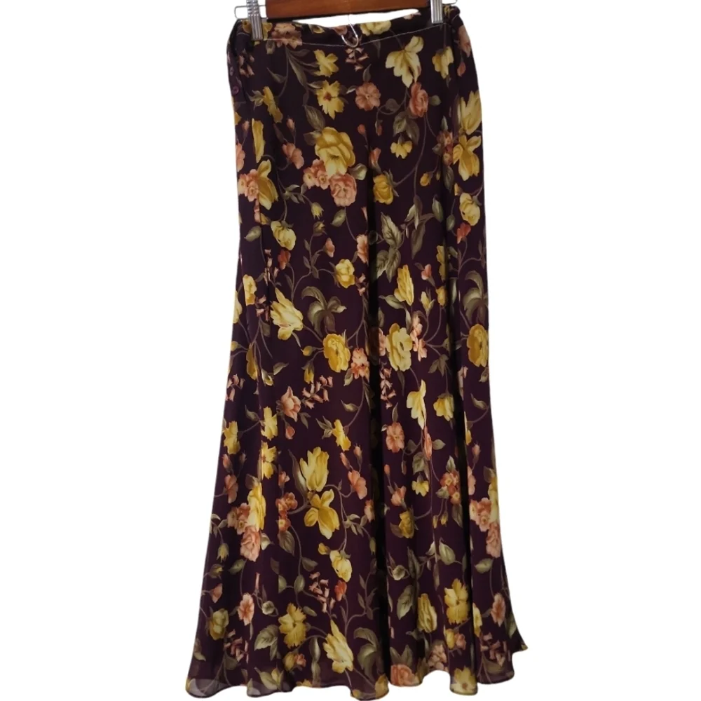 Vintage Maroon Floral Rose Maxi Skirt Side Button Sheer Overlay Boho Grunge